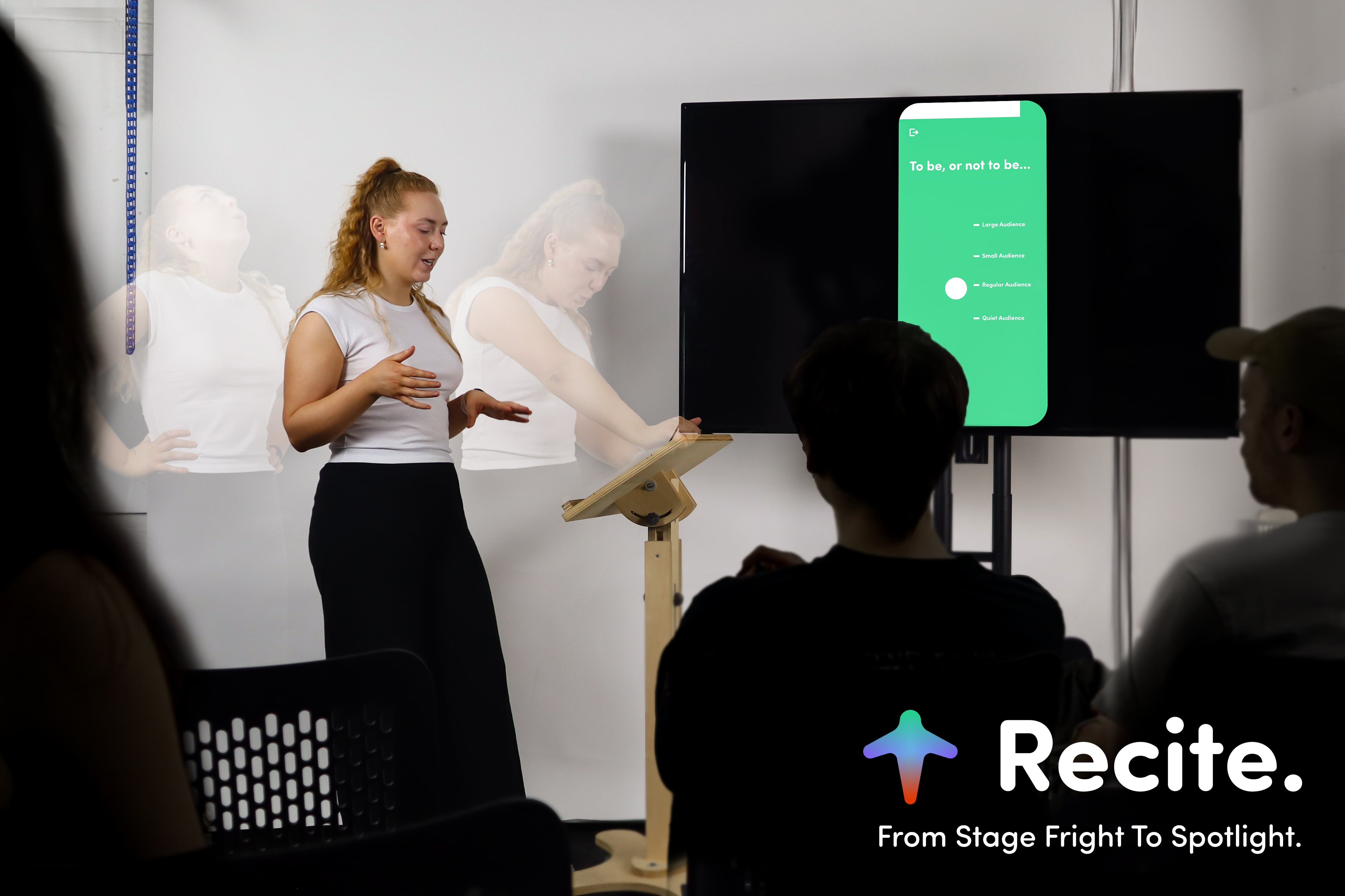 Hero image of Recite being used by an adult female subject. The image shows the progression of the subject from stage fright to giving a presentation in front of an audience.